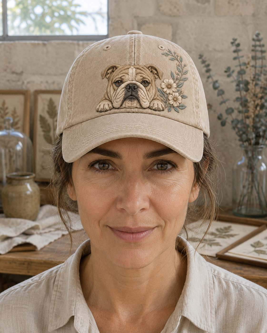English Bulldog White Blossom Peek Embroidered Washed Cap