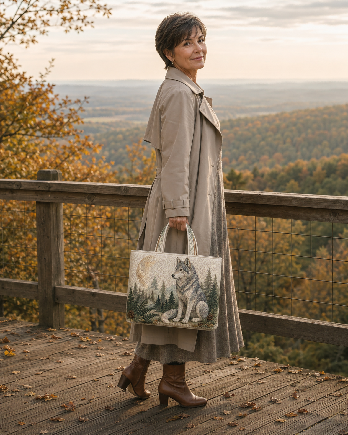 Woman carrying the Guardian Wolf Moonlit Pines quilted tote at a mountain overlook
