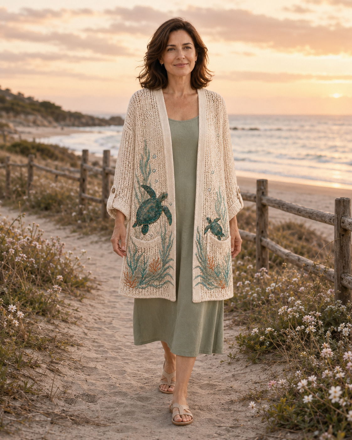 Woman wearing the Beige Seagrass Sea Turtle Summer Cardigan on a beachside path at sunset