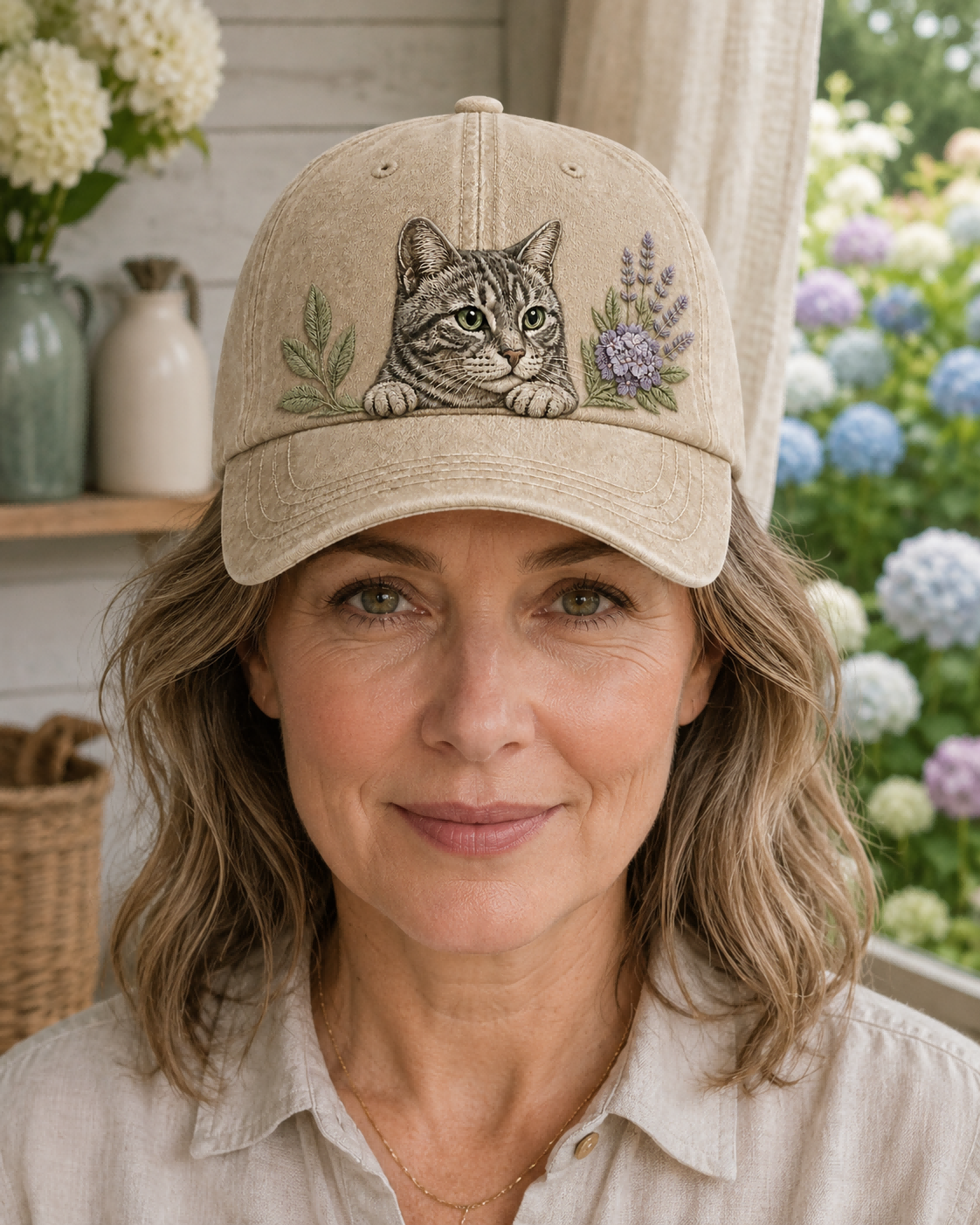 Cat Garden Peek Embroidered Washed Cap