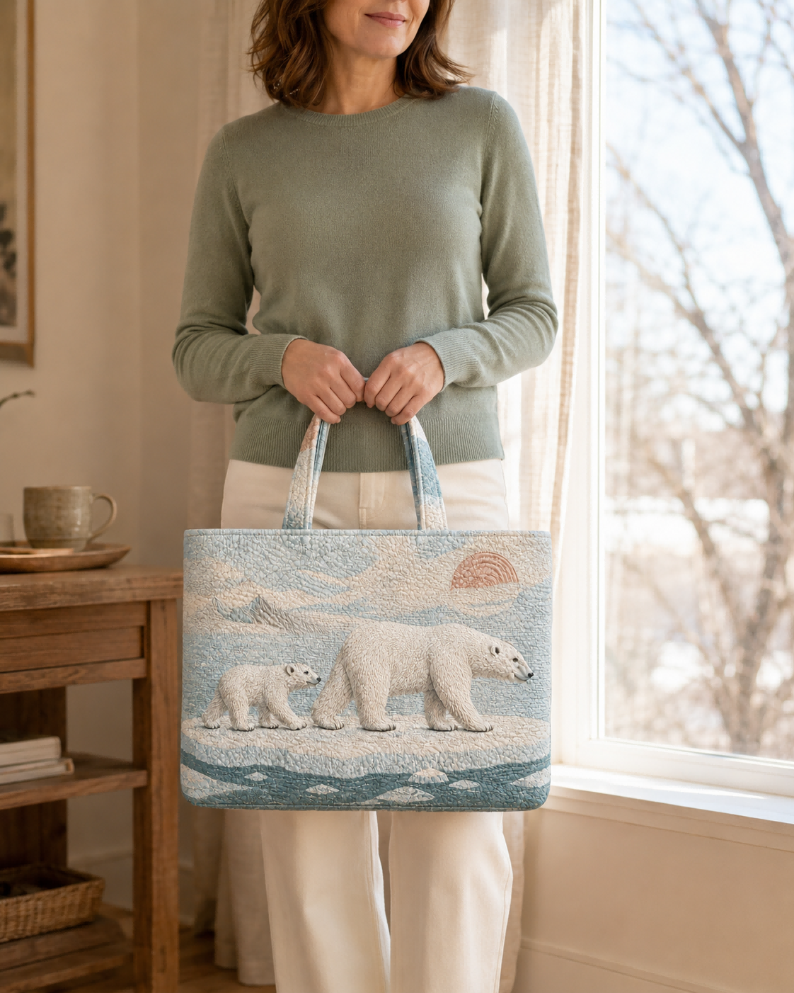 Woman holding the Polar Bear Arctic Passage quilted tote indoors beside a window