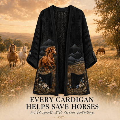 Women's Mountain Meadow Horse Summer Cardigan in Black with a running horse and wildflowers