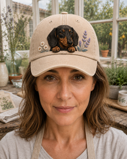Dachshund Wildflower Peek Embroidered Washed Cap