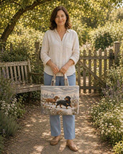 Woman holding the Dachshund Wildflower Walk quilted tote beside a garden gate