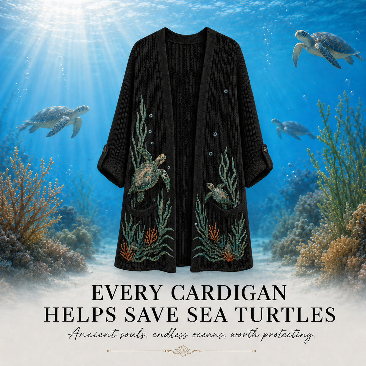Women's Seagrass Sea Turtle Summer Cardigan in Black with sea turtle and seagrass motifs