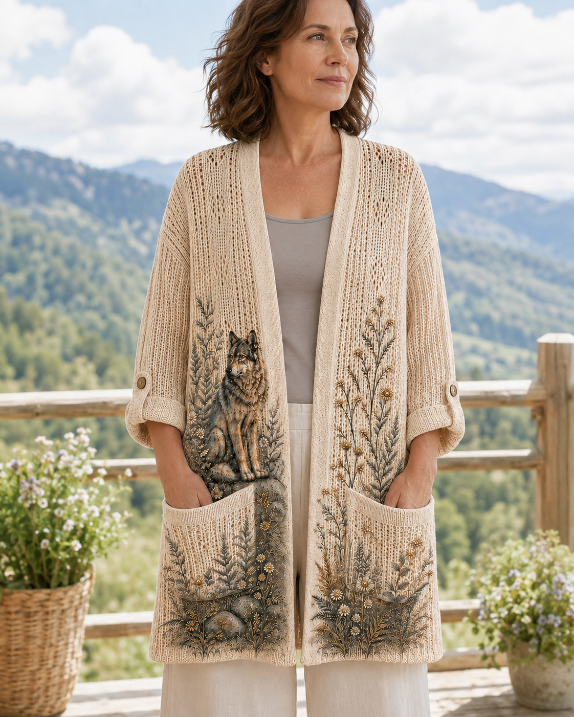 Front view of the Beige Moonlit Woodland Wolf Summer Cardigan in a mountain setting