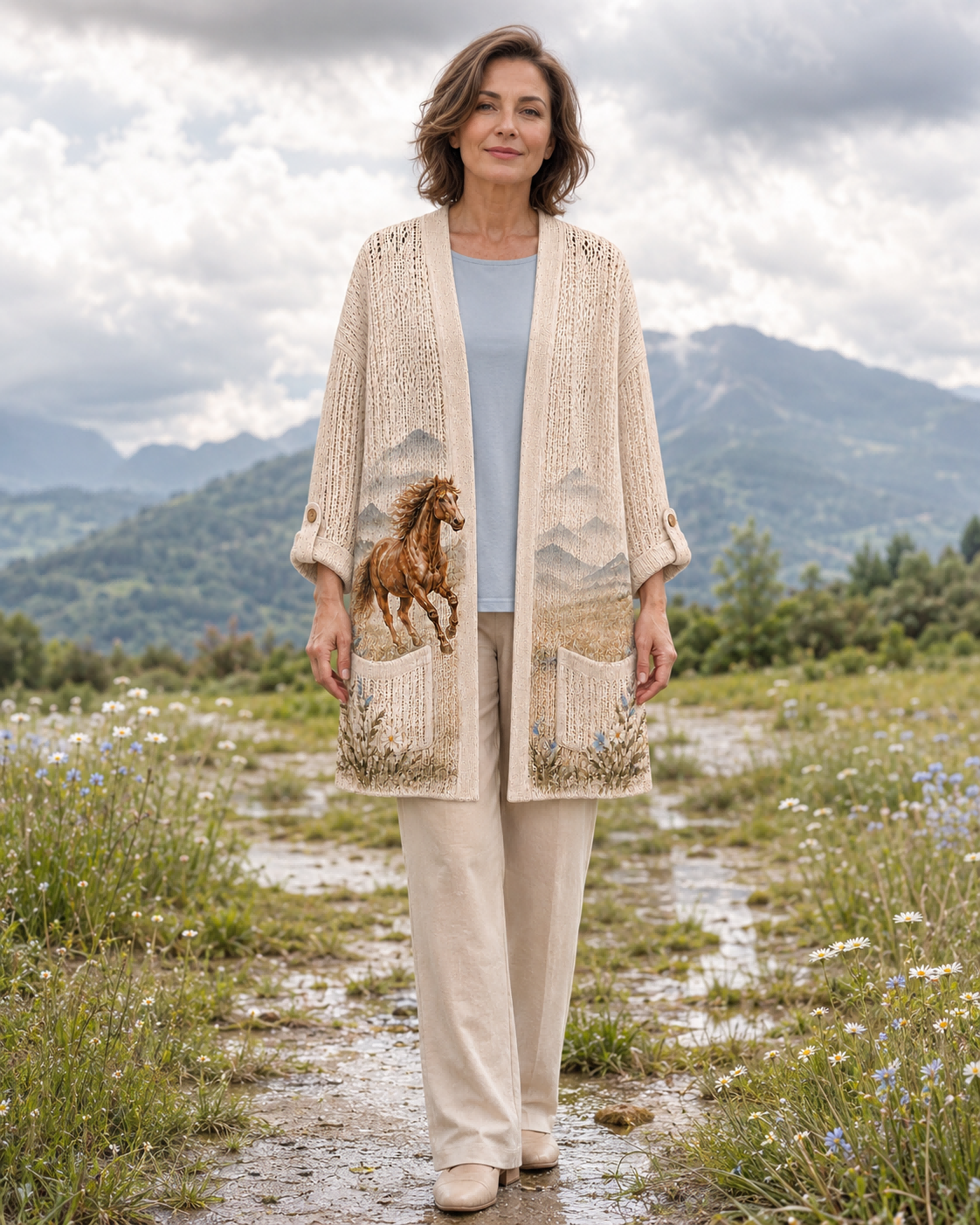 Woman wearing the Beige Mountain Meadow Horse Summer Cardigan on a mountain path