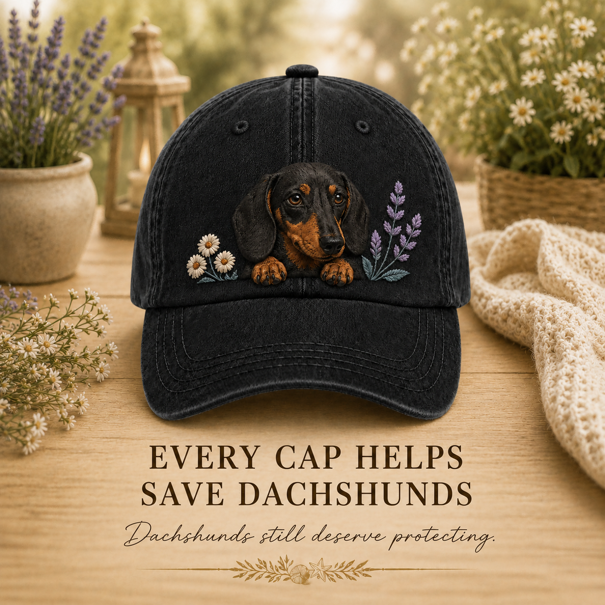 Dachshund Wildflower Peek Embroidered Washed Cap
