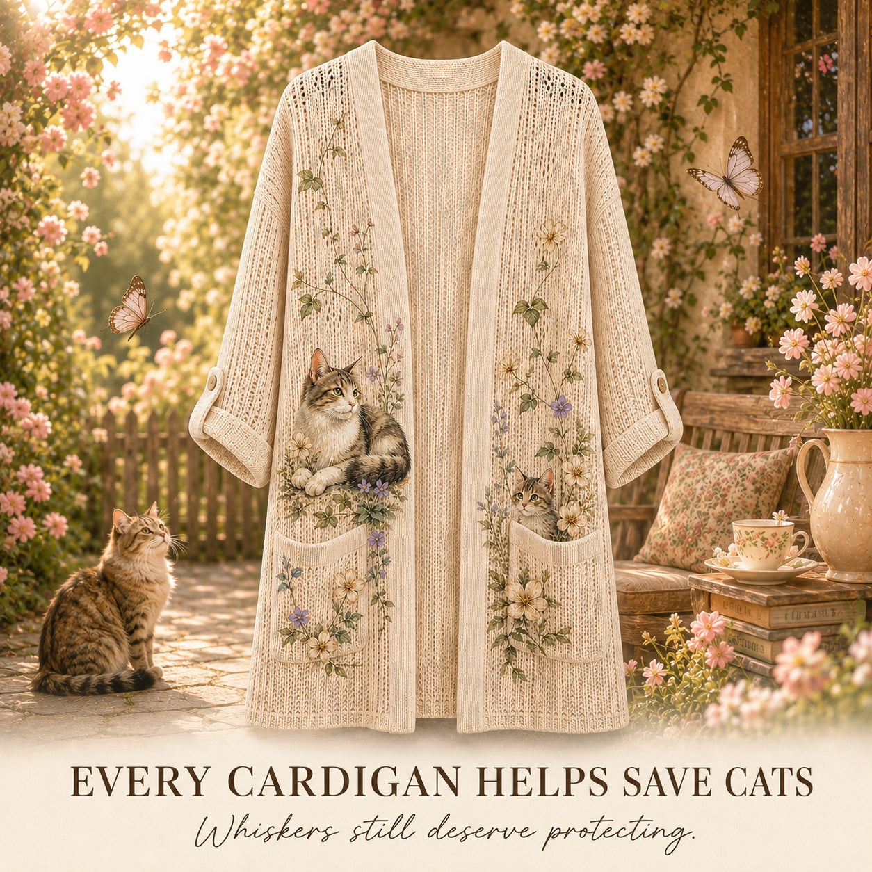 Women's Botanical Cat Print Casual Cardigan