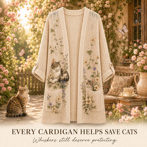 Women's Botanical Cat Print Casual Cardigan