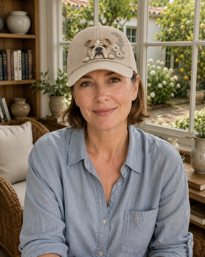 English Bulldog White Blossom Peek Embroidered Washed Cap