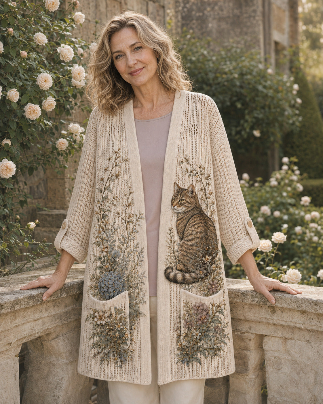 Woman wearing the Beige Hydrangea Garden Cat Summer Cardigan beside garden roses