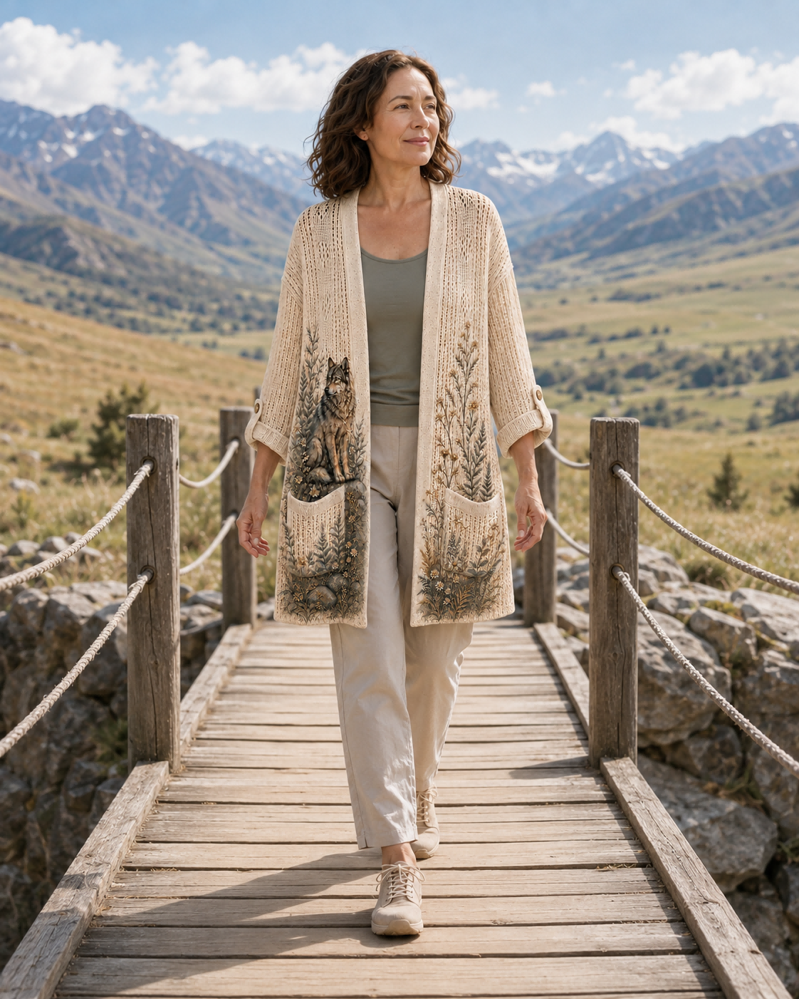 Woman crossing a mountain footbridge in the Beige Moonlit Woodland Wolf Summer Cardigan