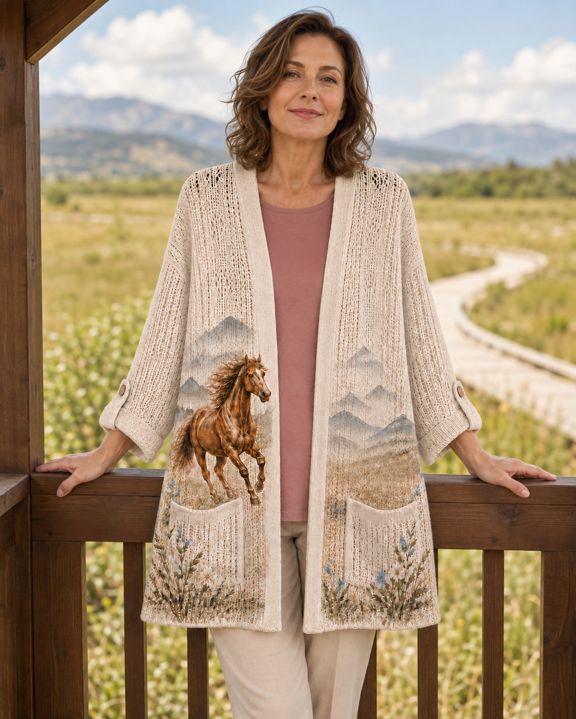Front view of the Beige Mountain Meadow Horse Summer Cardigan on a countryside porch