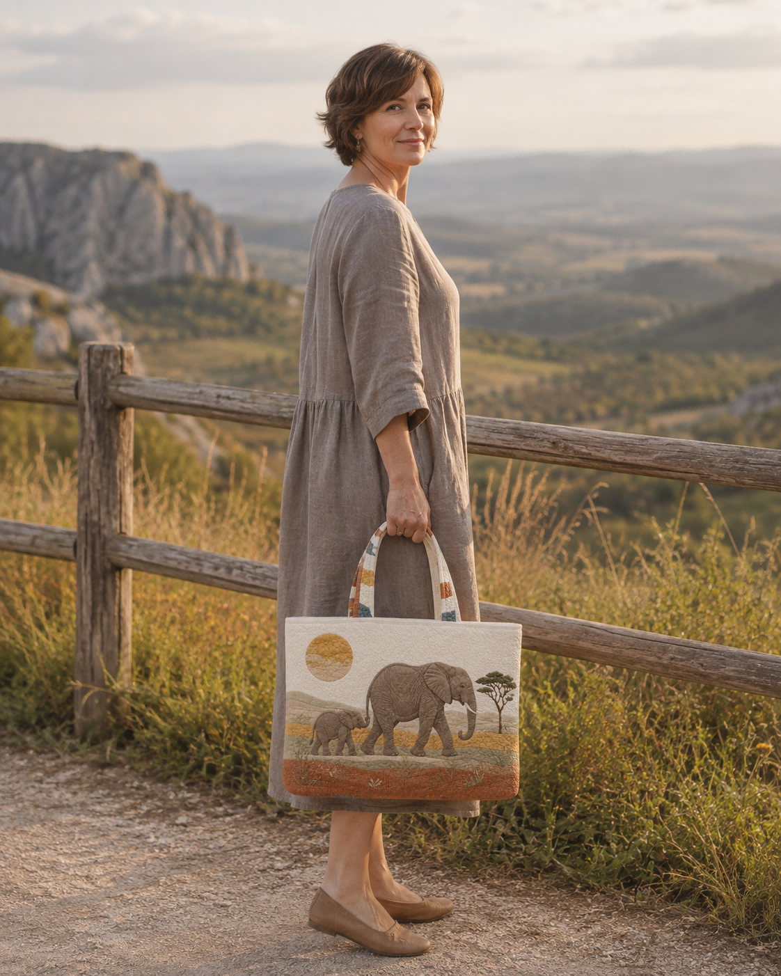 Woman carrying the Elephant Dawn Passage quilted tote beside a wooden countryside fence