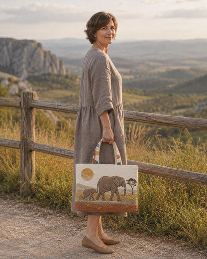 Woman carrying the Elephant Dawn Passage quilted tote beside a wooden countryside fence