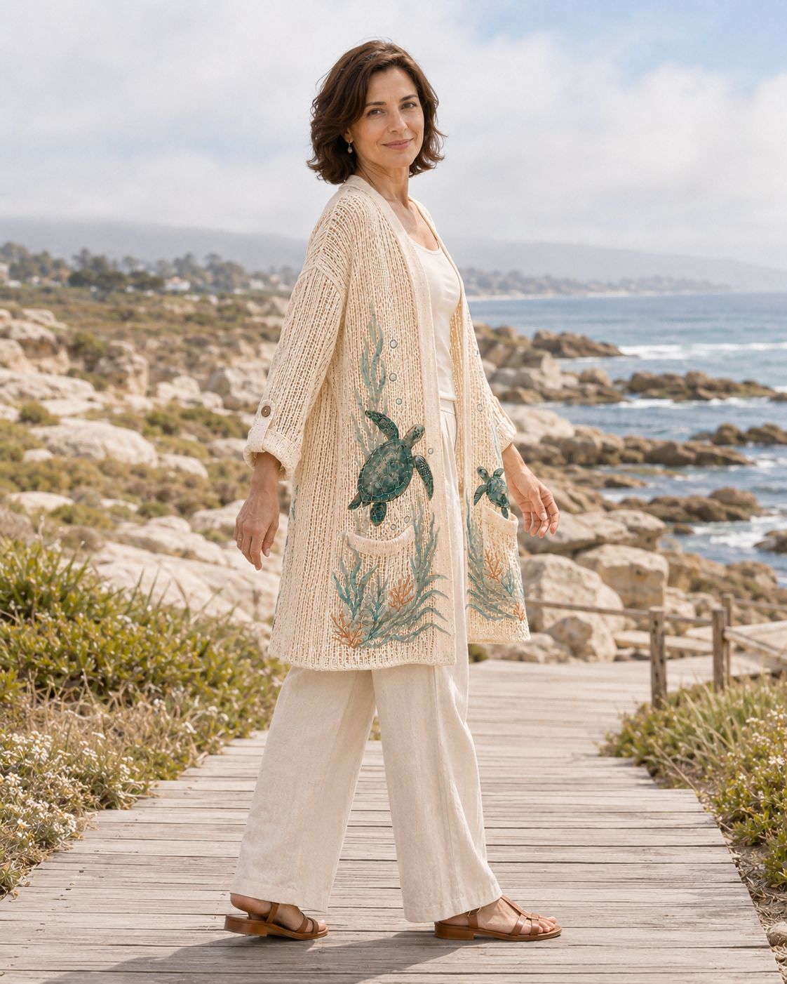 Side view of the Beige Seagrass Sea Turtle Summer Cardigan on a coastal path