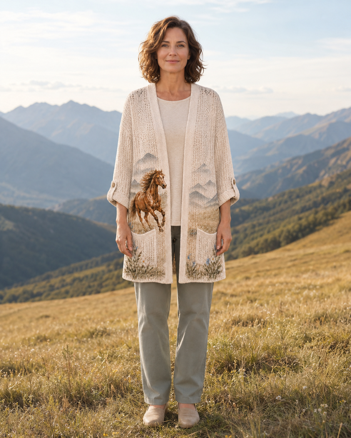 Woman wearing the Beige Mountain Meadow Horse Summer Cardigan in an alpine meadow