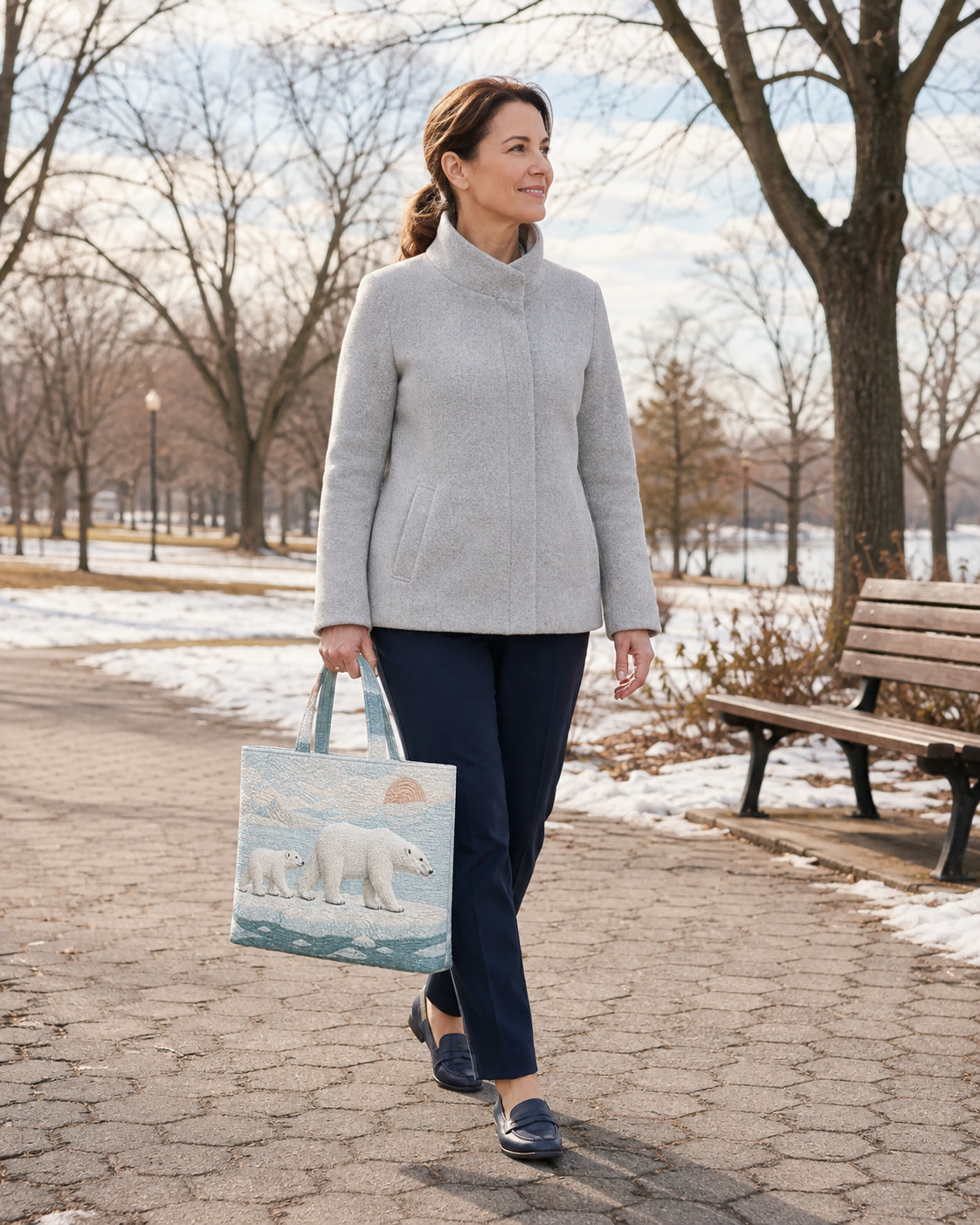 Woman carrying the Polar Bear Arctic Passage quilted tote on a winter park path