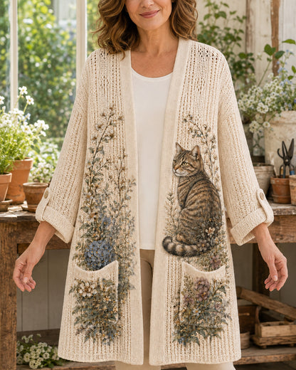 Close front view of the Beige Hydrangea Garden Cat Summer Cardigan