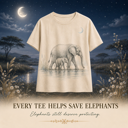 Women's Elephant Moonlit Waterhole Summer Tee beige elephant artwork