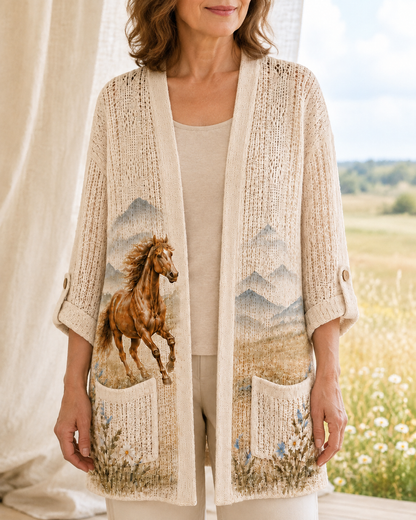 Close view of the Beige Mountain Meadow Horse Summer Cardigan with horse artwork