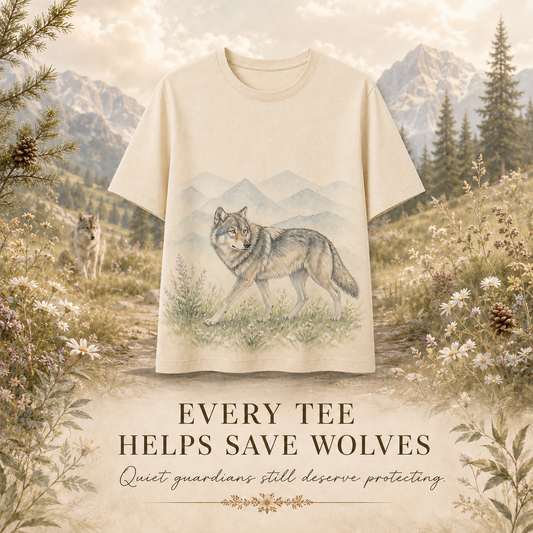 Women's Wolf Mountain Meadow Summer Tee beige wolf artwork