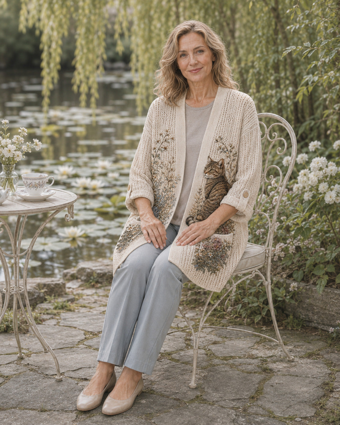 Woman seated by a garden pond in the Beige Hydrangea Garden Cat Summer Cardigan