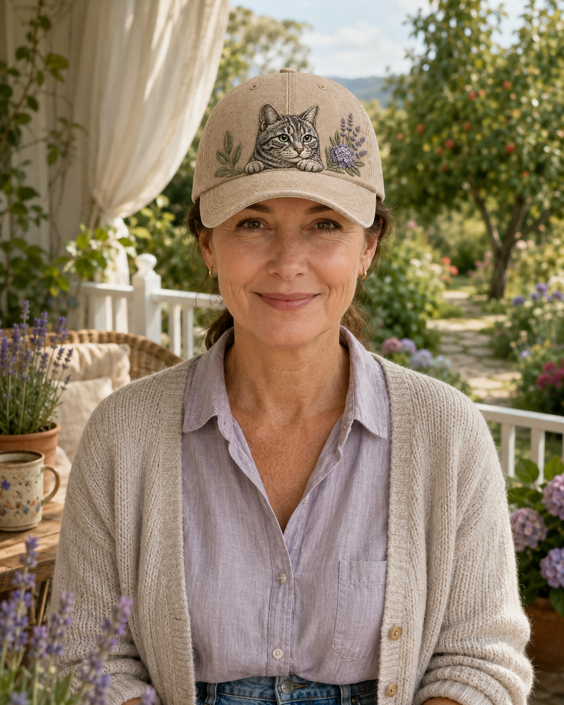 Cat Garden Peek Embroidered Washed Cap