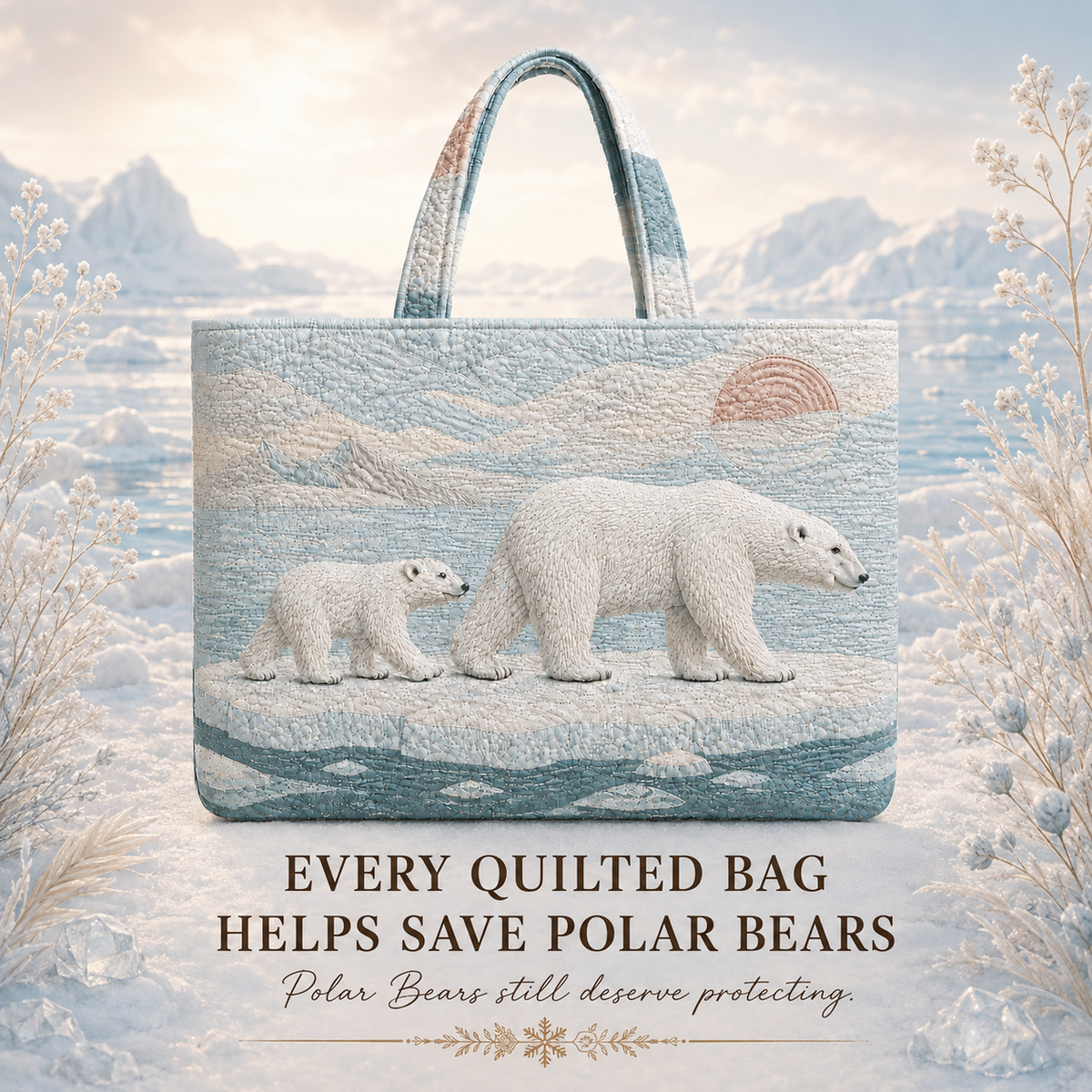 Polar Bear Arctic Passage quilted tote with a polar bear and cub in an icy landscape design
