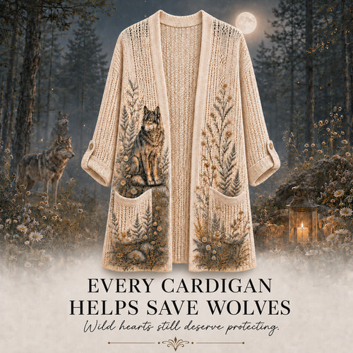 Women's Moonlit Woodland Wolf Summer Cardigan in Beige with a wolf and fern design