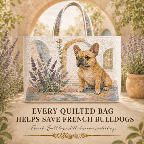 French Bulldog Lavender Porch quilted tote displayed beside lavender in a garden courtyard