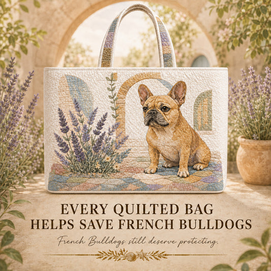 French Bulldog Lavender Porch quilted tote displayed beside lavender in a garden courtyard