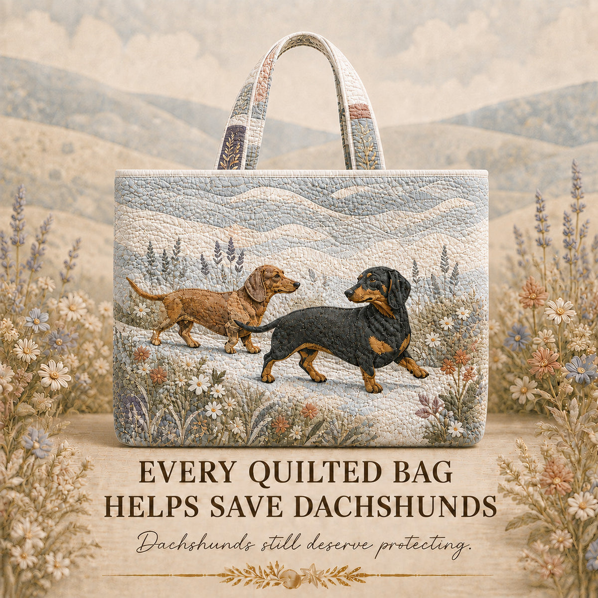 Dachshund Wildflower Walk quilted tote with two dachshunds in a wildflower meadow design