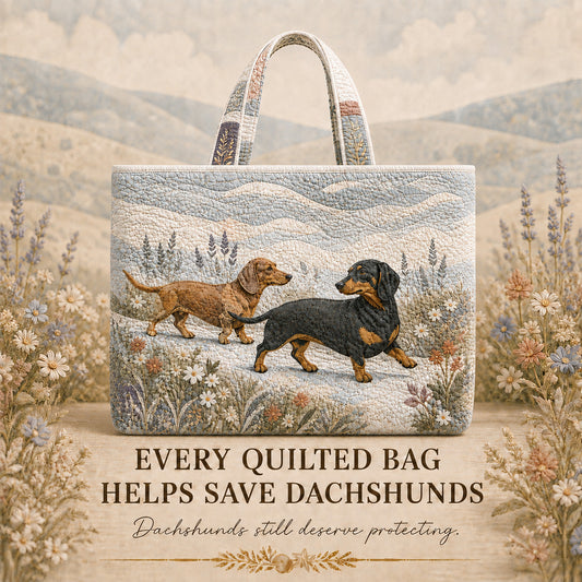 Dachshund Wildflower Walk quilted tote with two dachshunds in a wildflower meadow design