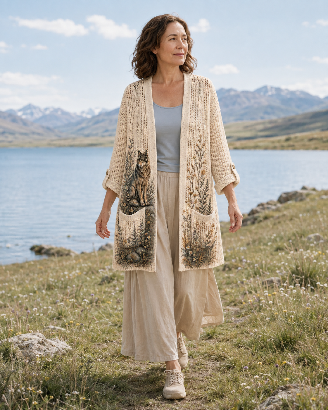 Woman wearing the Beige Moonlit Woodland Wolf Summer Cardigan beside a mountain lake