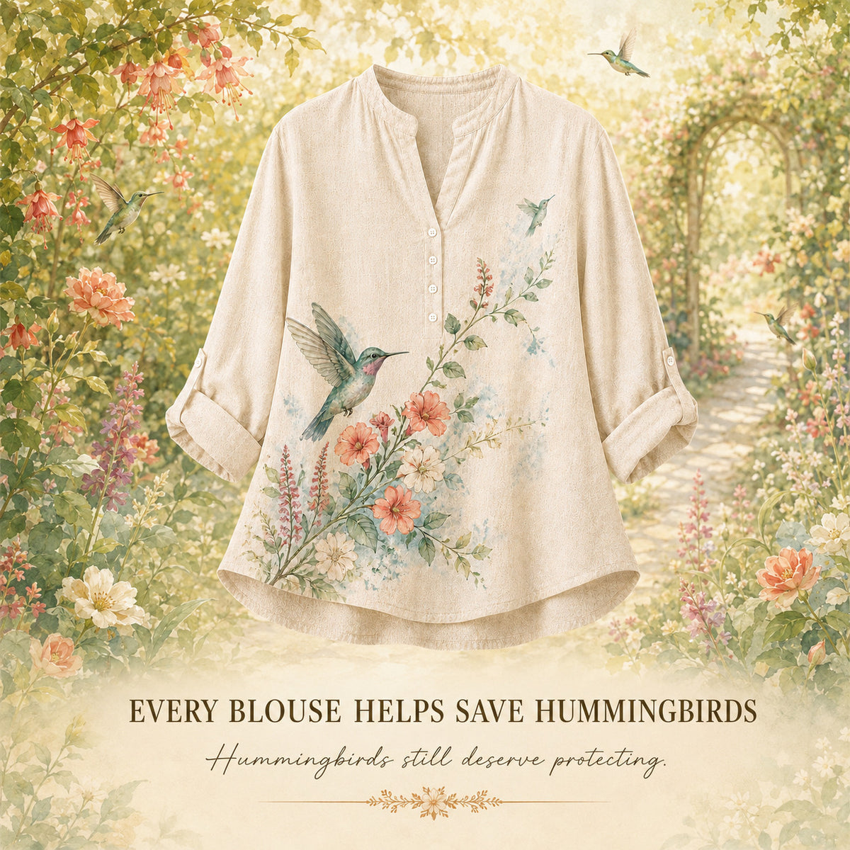 Women's Hummingbird Nectar Garden Summer Blouse beige hummingbird artwork