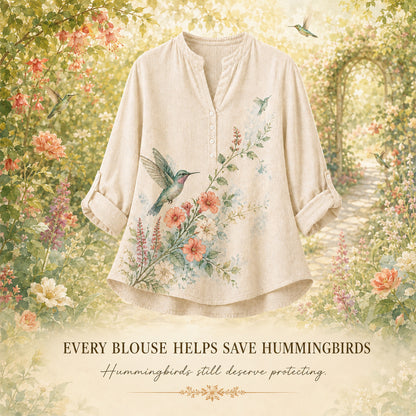 Women's Hummingbird Nectar Garden Summer Blouse beige hummingbird artwork