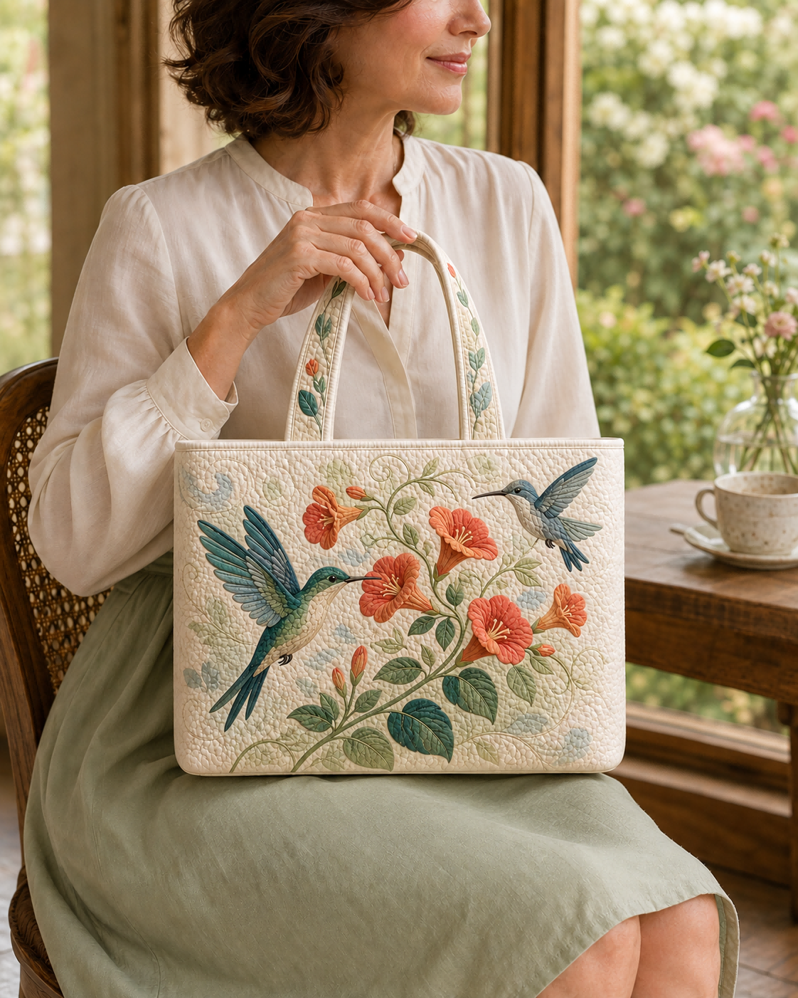 Woman holding the Hummingbird Nectar Trail quilted tote while seated near a garden