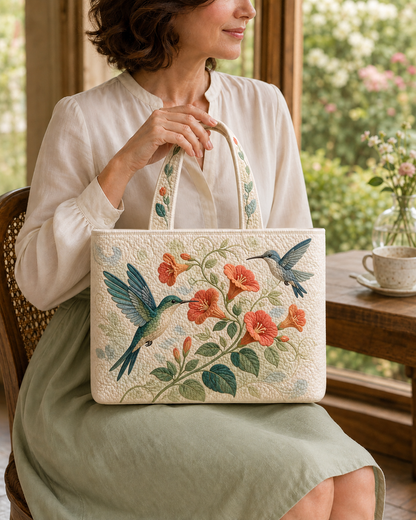 Woman holding the Hummingbird Nectar Trail quilted tote while seated near a garden