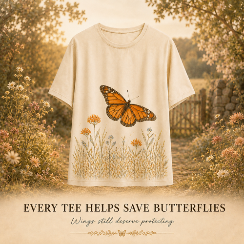 Women's Butterfly Meadow Passage Summer Tee beige butterfly artwork