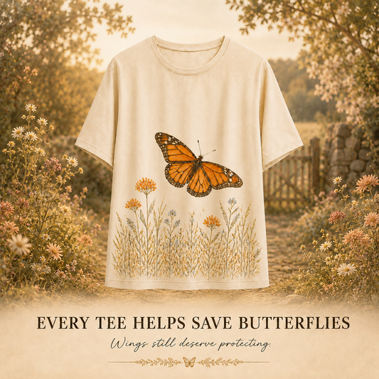Women's Butterfly Meadow Passage Summer Tee beige butterfly artwork