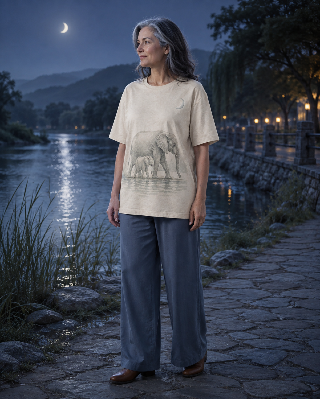 Women's Elephant Moonlit Waterhole Summer Tee lifestyle image 4
