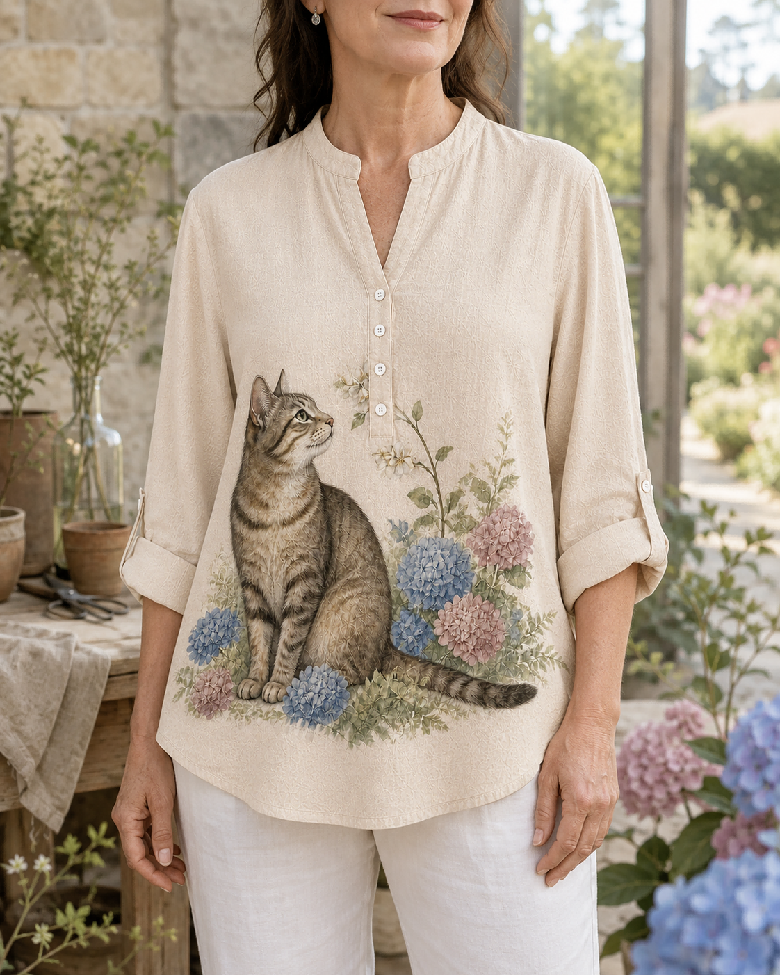 Women's Cat Botanical Garden Summer Blouse lifestyle image 3
