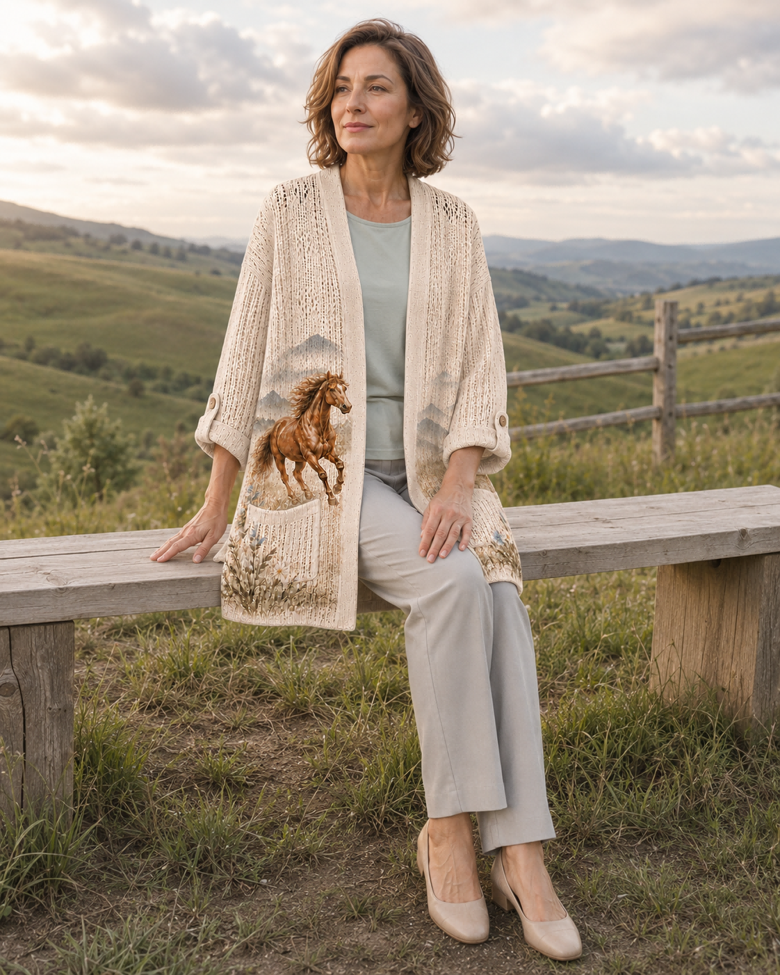 Woman seated outdoors in the Beige Mountain Meadow Horse Summer Cardigan