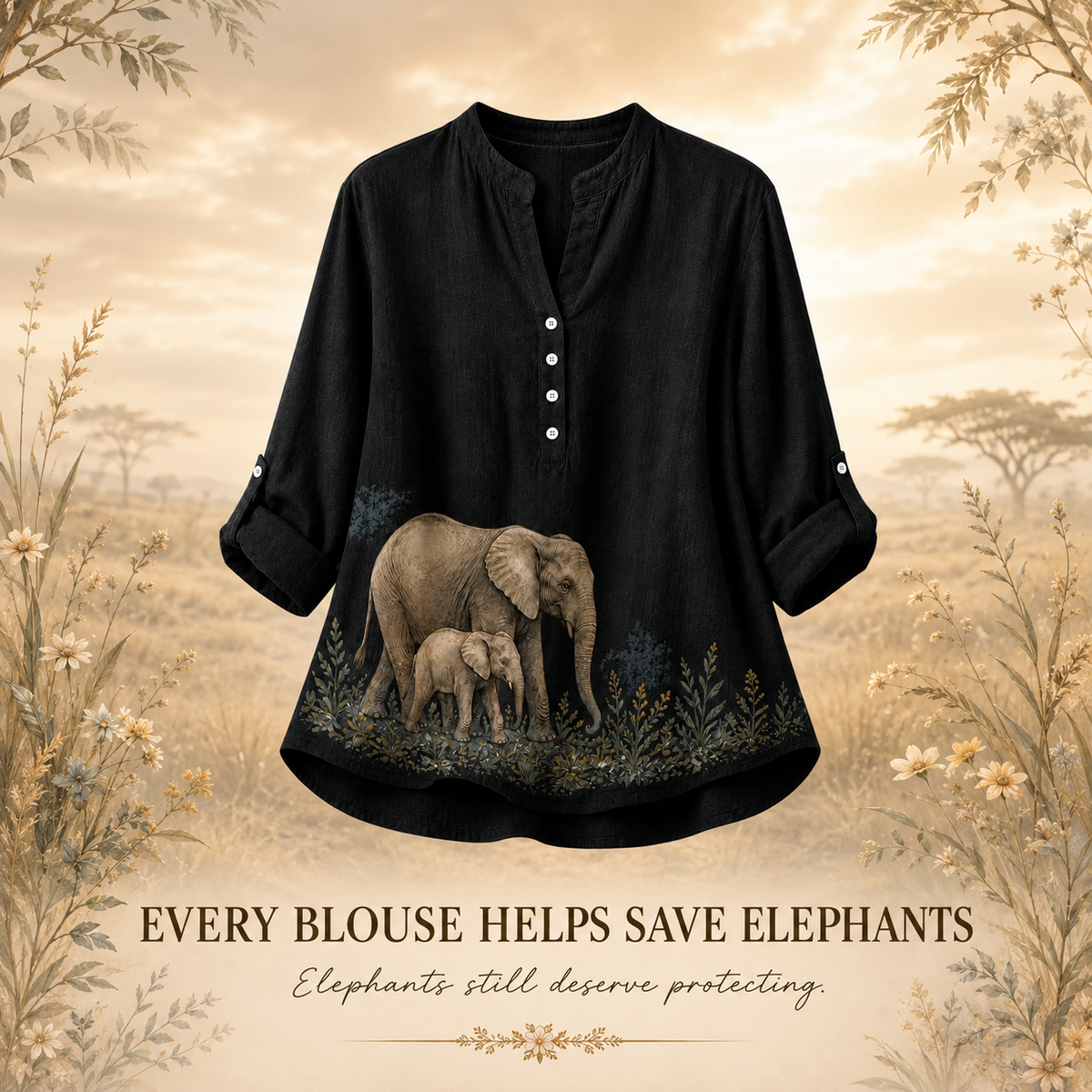 Women's Elephant Botanical Matriarch Summer Blouse black elephant artwork