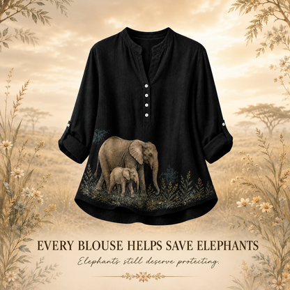 Women's Elephant Botanical Matriarch Summer Blouse black elephant artwork