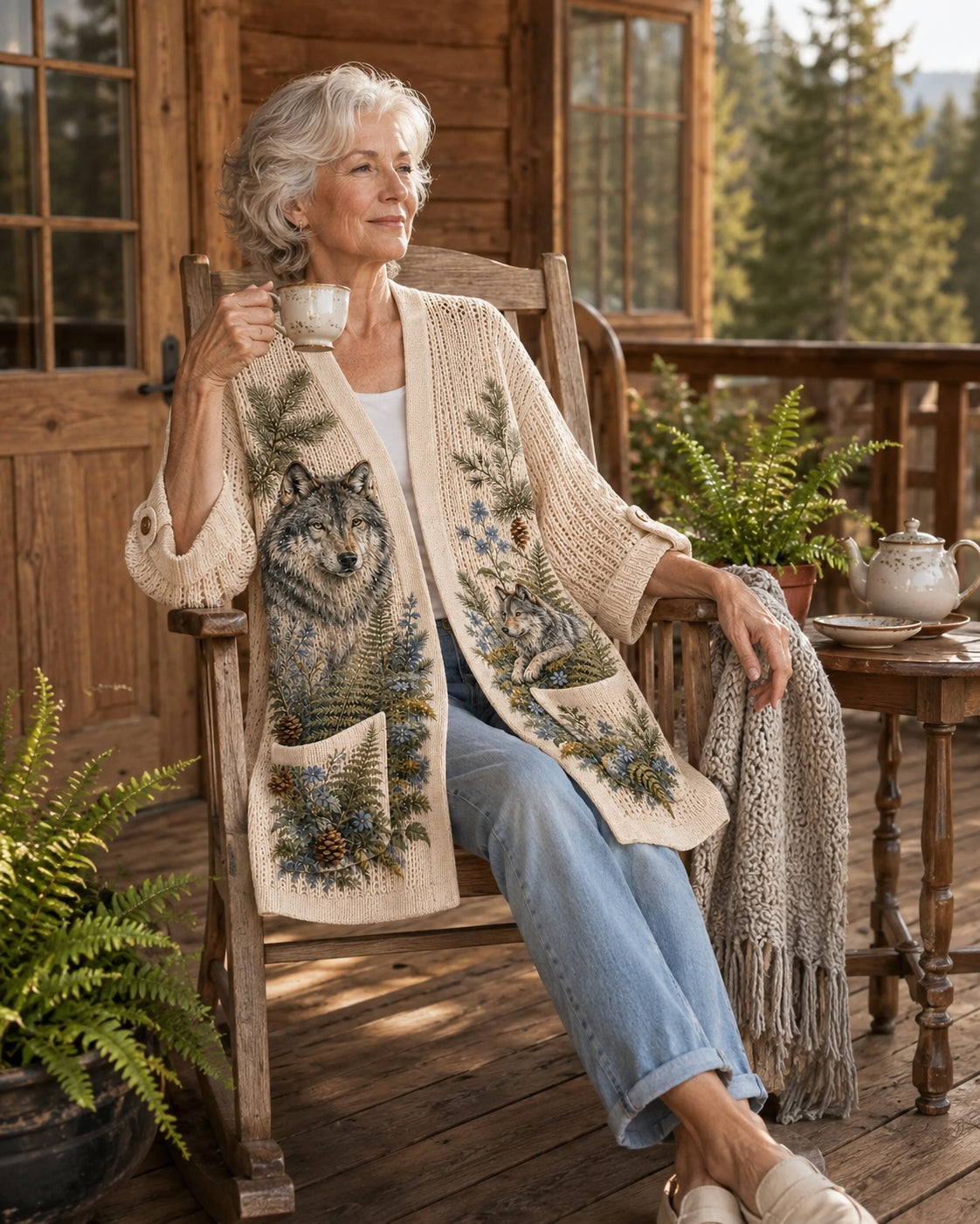 Women's Moonlit Forest Wolf Cardigan