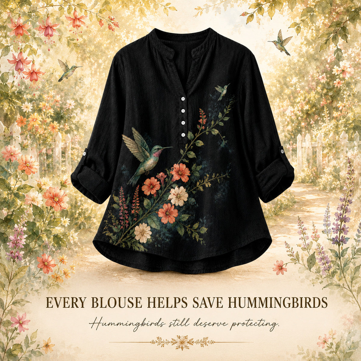 Women's Hummingbird Nectar Garden Summer Blouse black hummingbird artwork