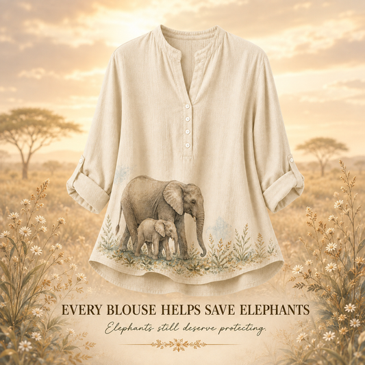 Women's Elephant Botanical Matriarch Summer Blouse beige elephant artwork